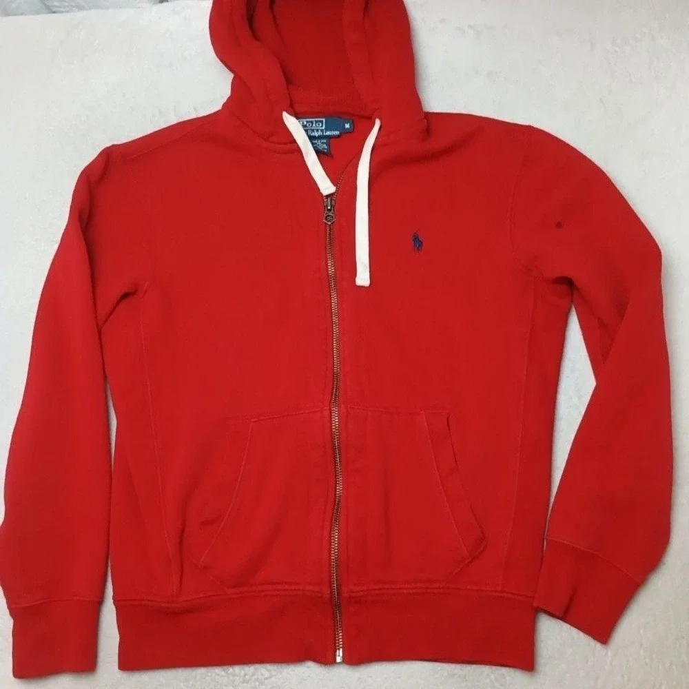 Polo Ralph Lauren Hoodie Mens M Red Full Zip Heavyweight Pockets Logo Classic